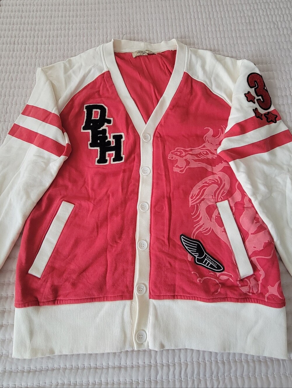 Ed Hardy Red And Cream Varsity Button-Up Cardigan with Dragon Motif